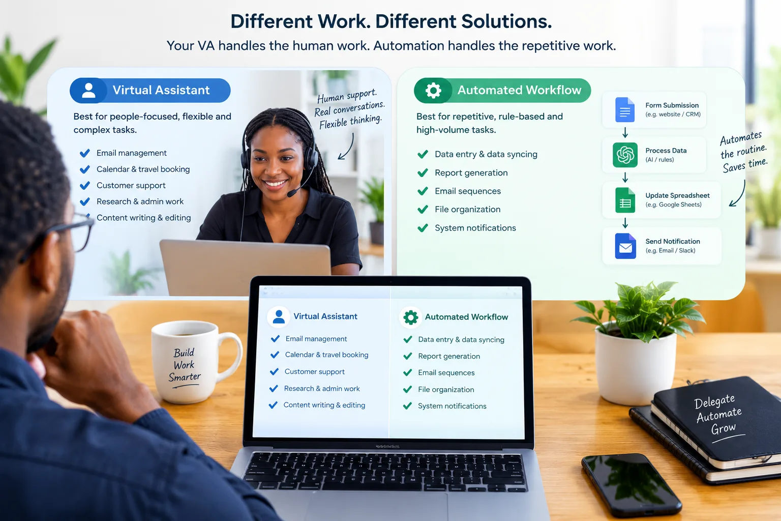 Business owner comparing a virtual assistant and automated workflow on a laptop