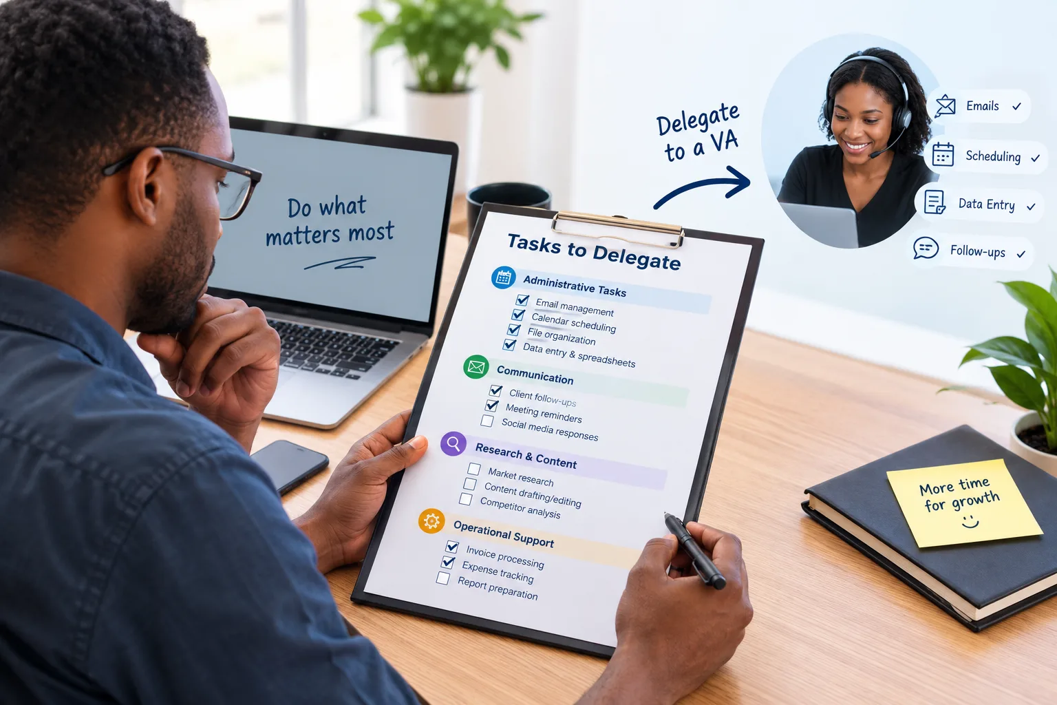 Business owner deciding which tasks to delegate to a virtual assistant