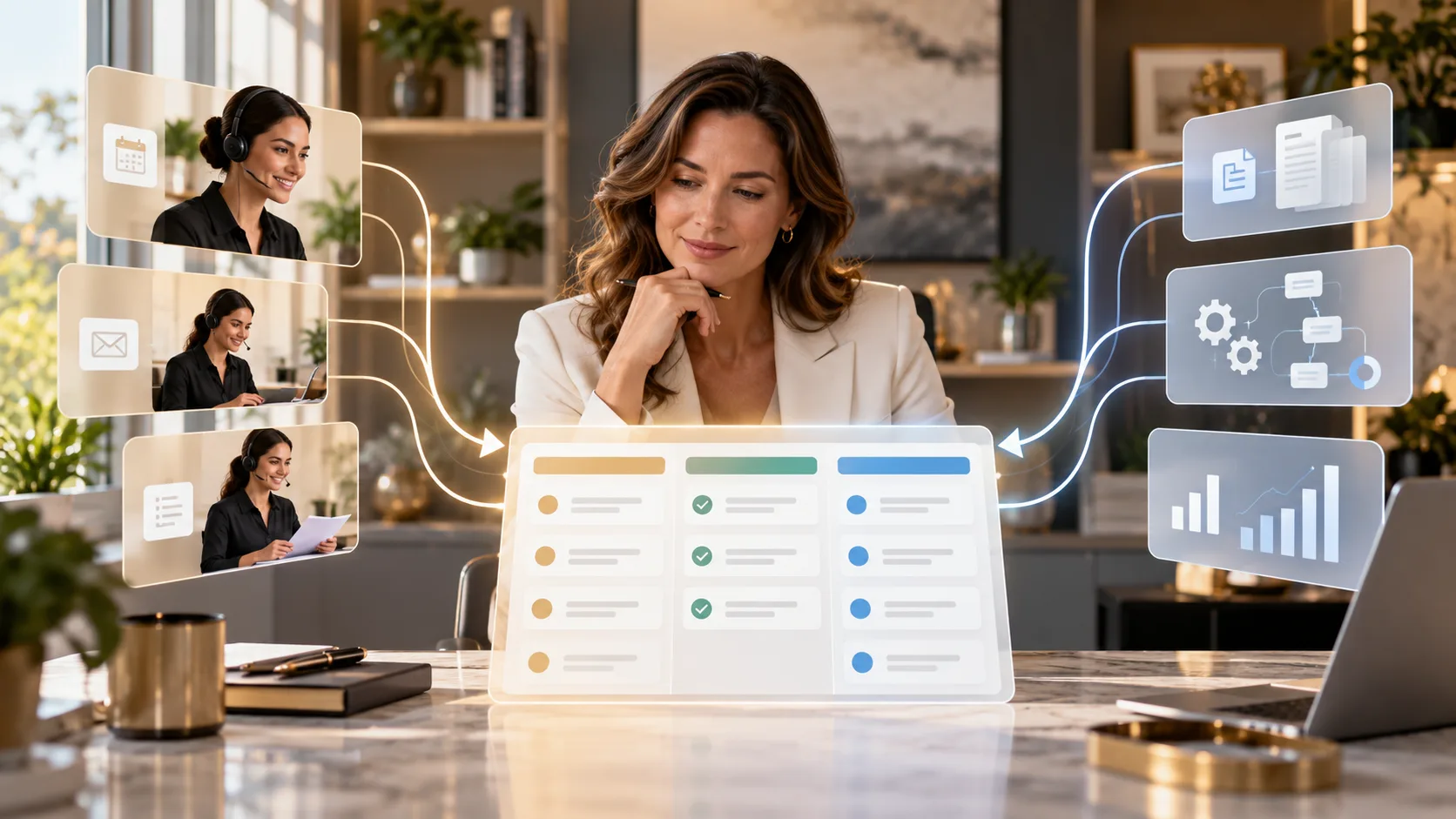 Executive comparing human virtual-assistant support with AI workflow automation.