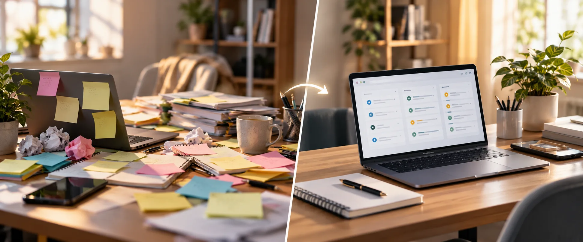 Disorganized administrative tasks transitioning into a clear, tracked workflow.