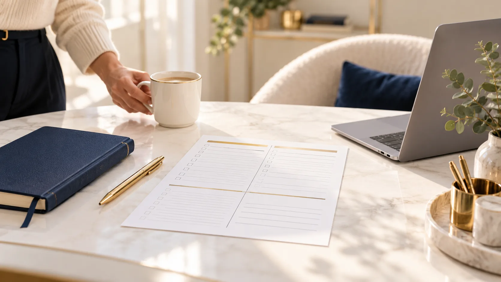 Blank one-page checklist on a cream desk beside a navy notebook, gold pen, and laptop.