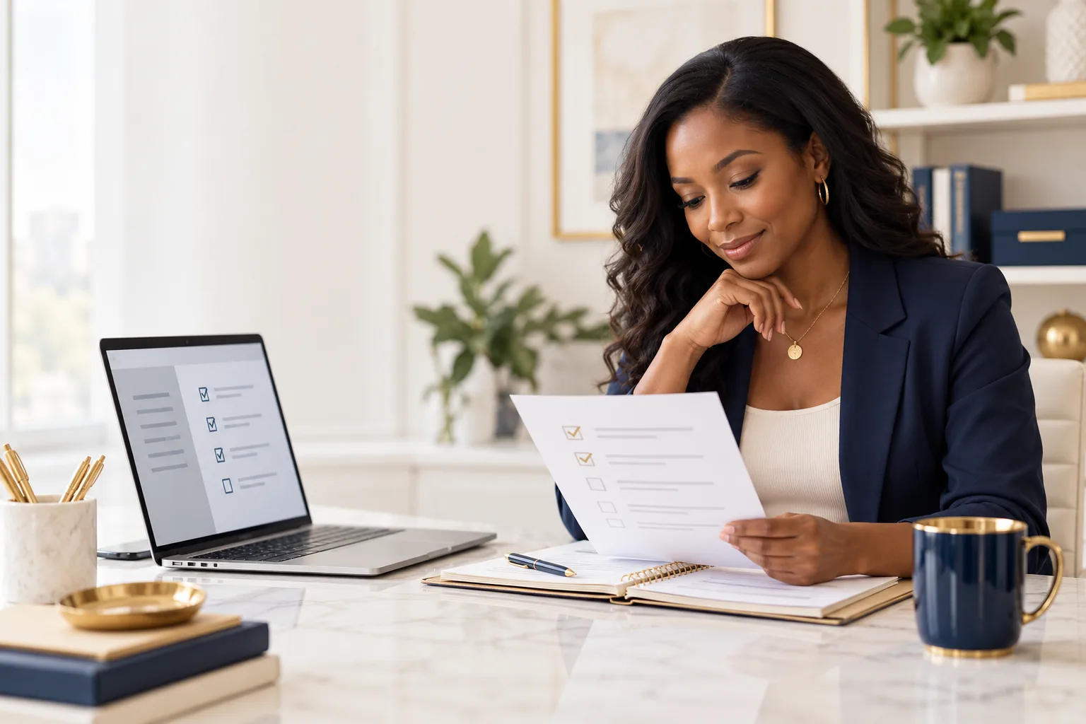 Business owner reviewing a process checklist beside a laptop before delegating administrative work