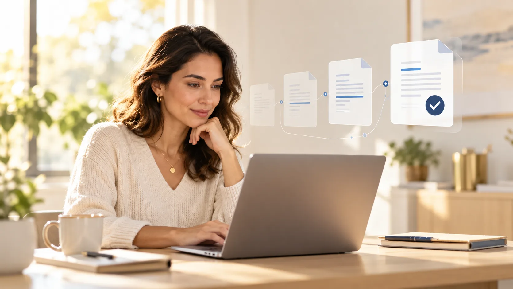 Service professional reviewing a shared document with visual stages ending in an approved version.