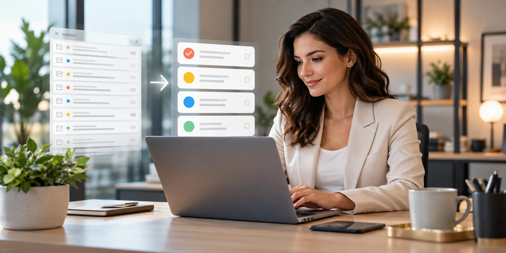 Professional organizing a crowded inbox into prioritized follow-up tasks.