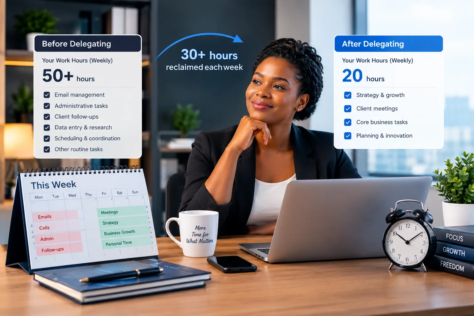 Business owner comparing weekly work hours before and after delegating tasks to a virtual assistant