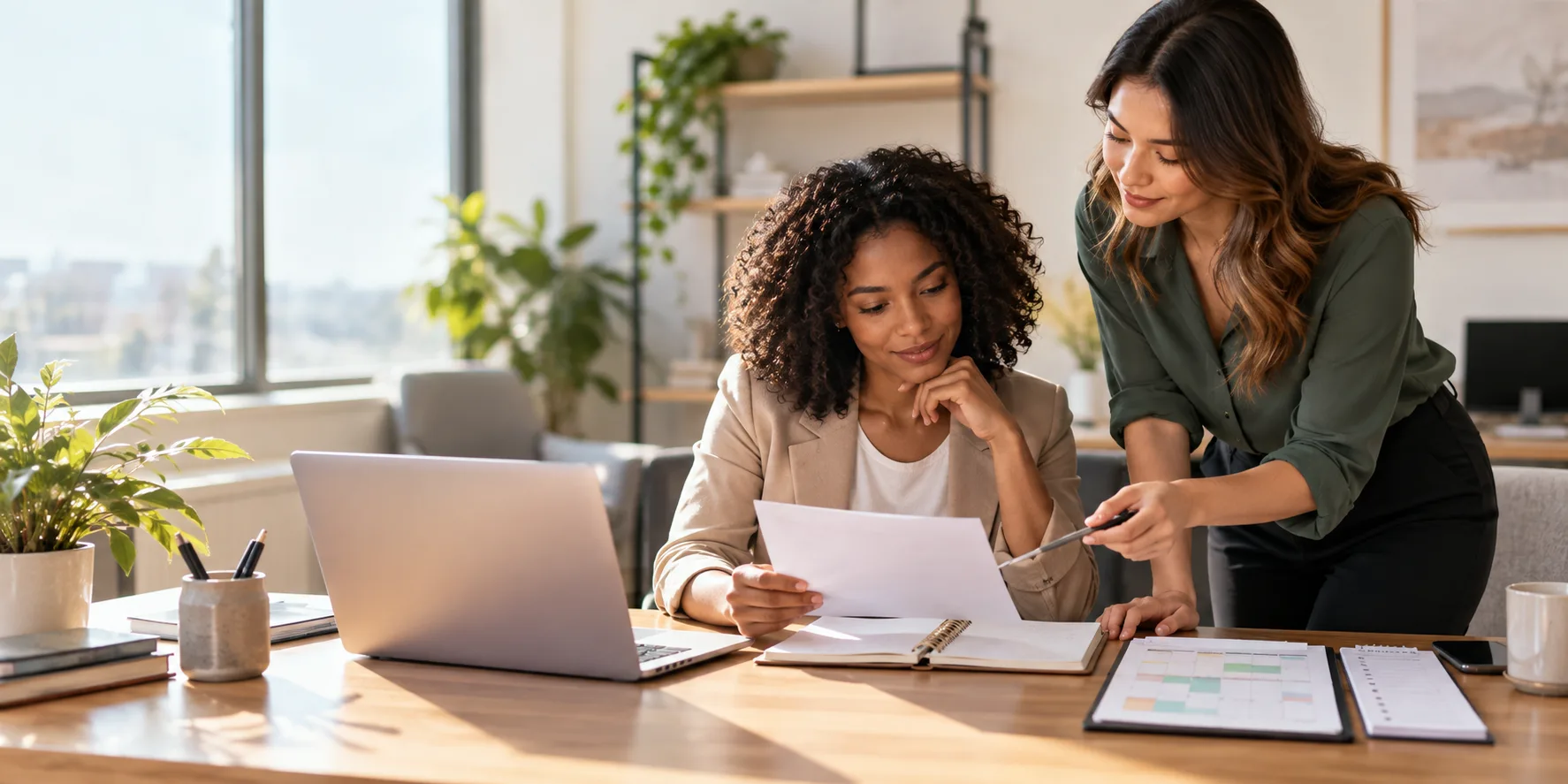 Executive and virtual assistant reviewing a meeting brief and follow-up actions.