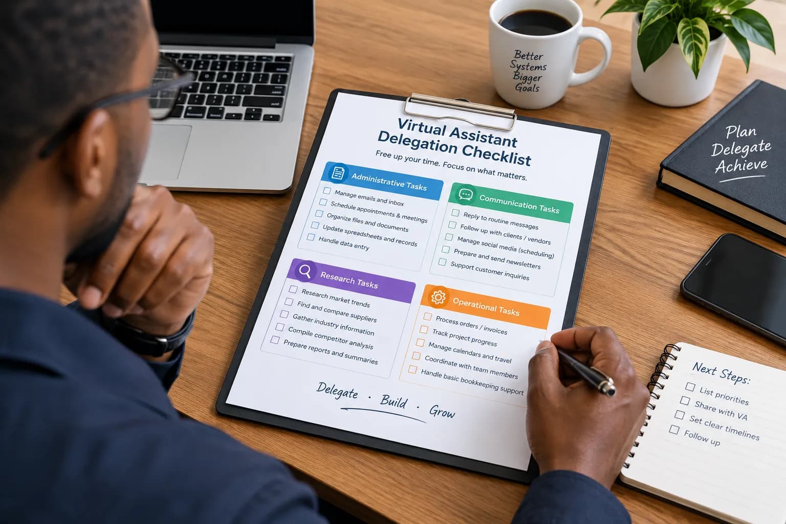 Business owner reviewing a checklist of tasks to delegate to a virtual assistant