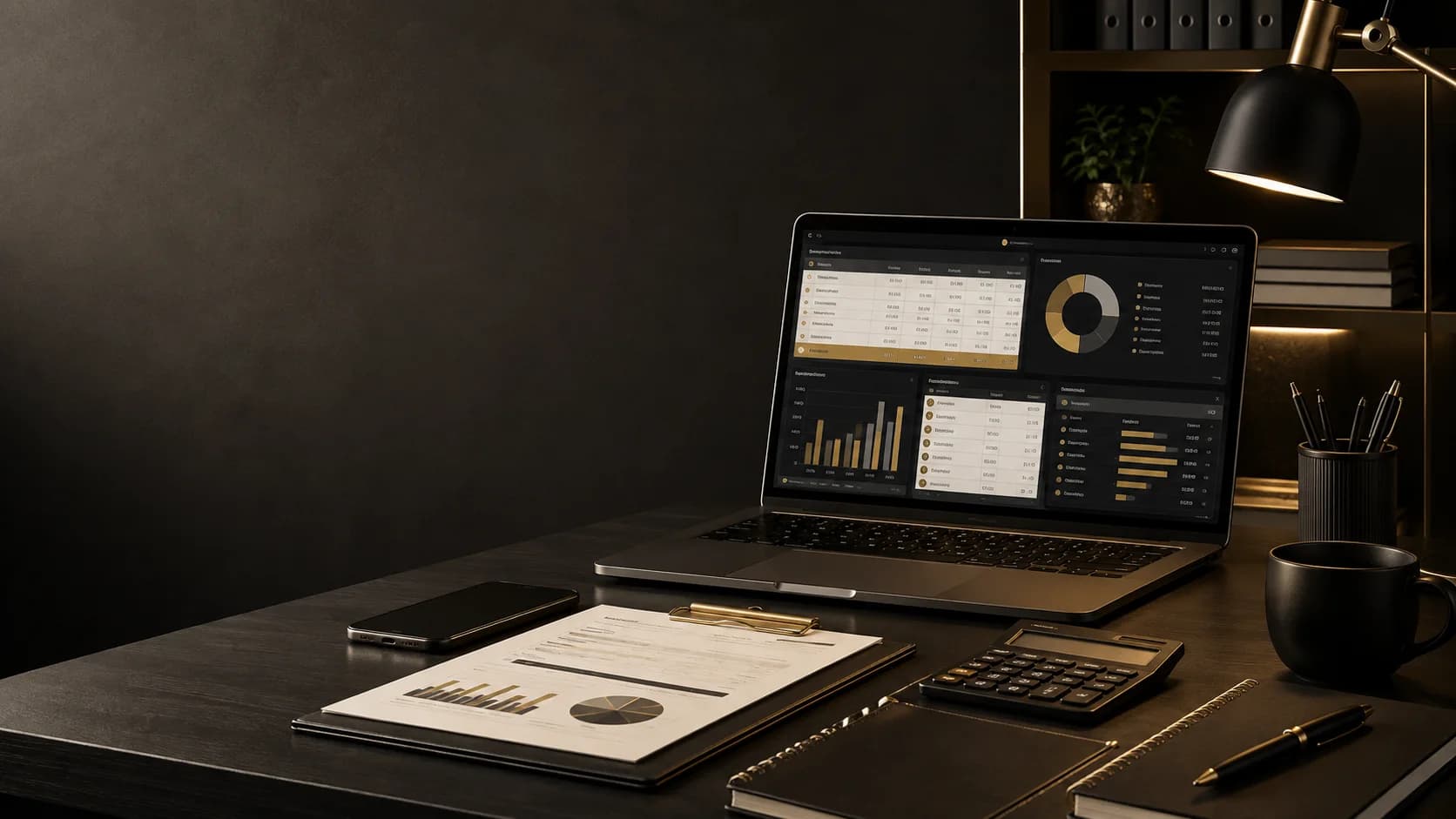Premium dark workspace featuring a laptop with an organized budgeting dashboard, financial charts, calculator, planner, documents, and desk accessories accented in warm gold lighting.