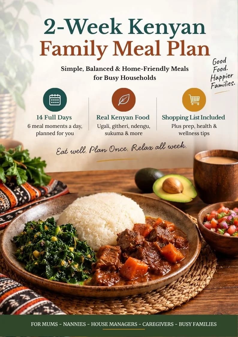 Cover of the 2-Week Kenyan Family Meal Plan, with a Kenyan meal and highlights for 14 days of meals and a shopping list.